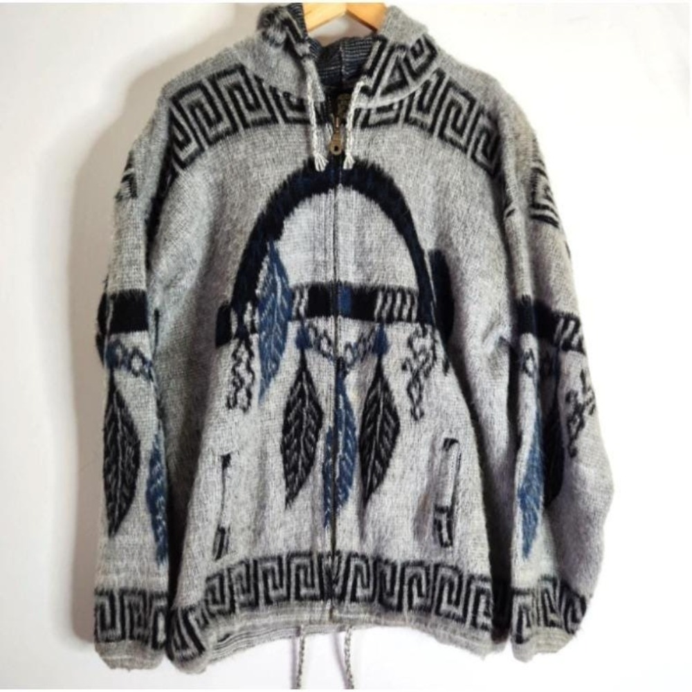 Vintage Tejidos Ruminahui Native Arrow Dream Catcher Wool Hooded Jacket XL Gray